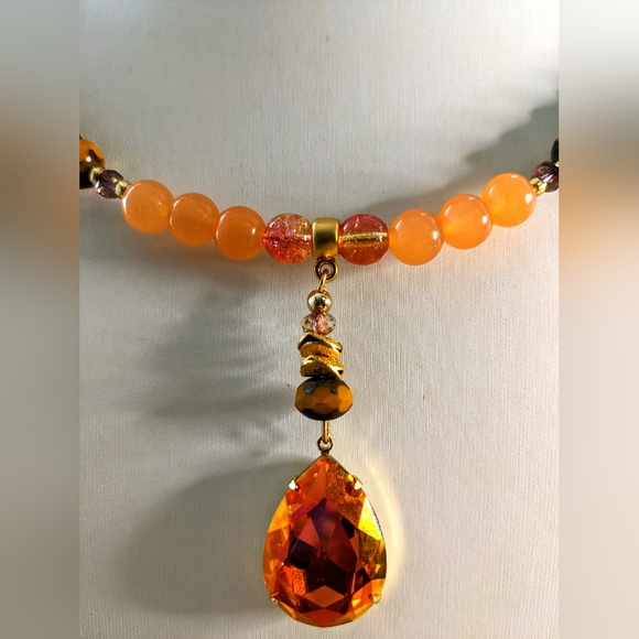 Orange Jade, Czech And Glass Beads and Orange Crystal AB Necklace - Picture 5 of 9